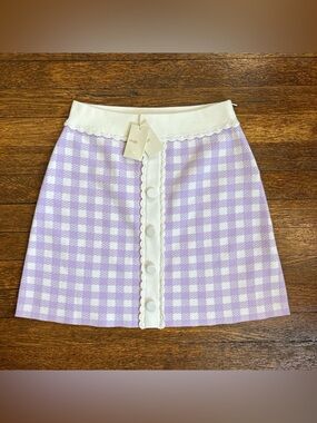 Maje Lavender Gingham Knit Mini Skirt with Ivory Trim